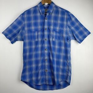 Duluth Trading Button Down Shirt Mens Size Small Plaid Blue Short Sleeve Stretch